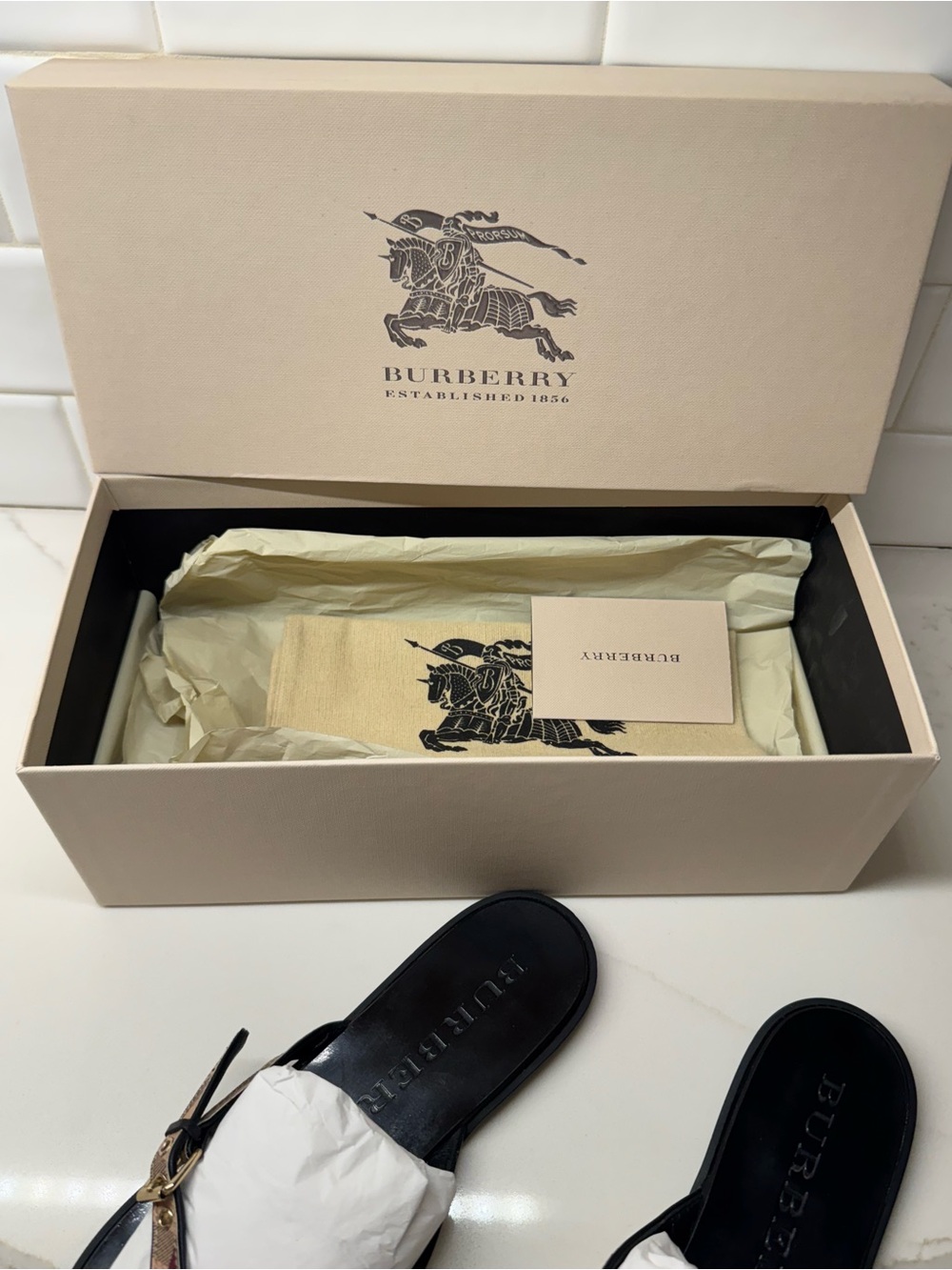 Burberry Black Thong Sandals with Beige Plaid Straps - Picture 5 of 5